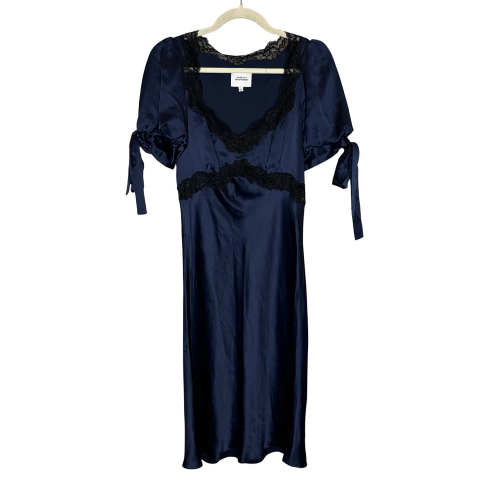 Reformation Navy Satin Midi Dress with Black Lace Trim - Picture 3 of 9